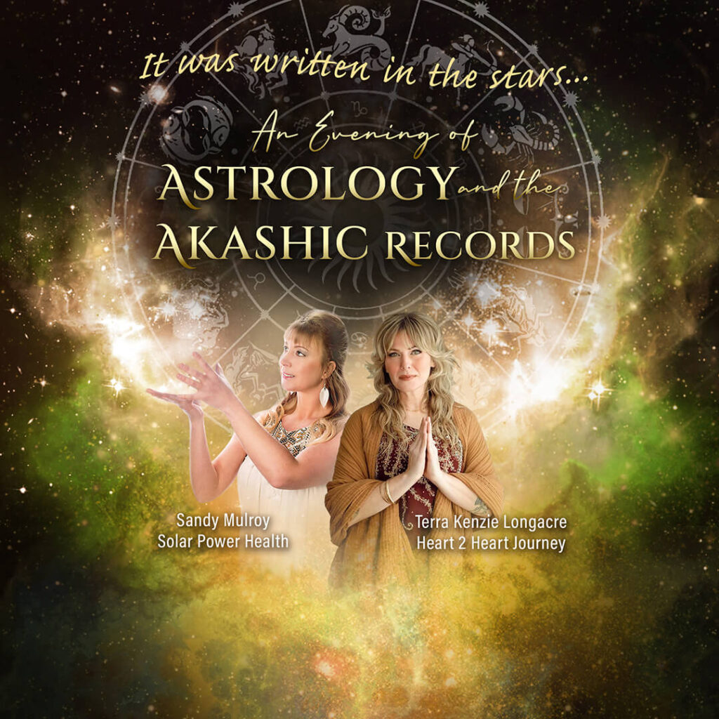 Sandy and Terra stand shoulder to shoulder with golden green starlight all around them. Sandy looks to the left and raises her palms up with light emanating from her hands. Terra faces the viewer with palms together in front of her hair. Both women have light skin tones and curled long blonde hair .Behind them is a wheel of astrological symbols.