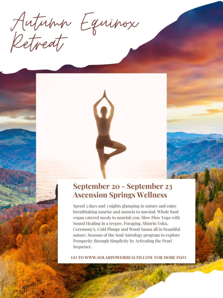 A poster collage for Autumn Equinox Retreat. The background is a mountainous valley with green and gold trees and hills of green grass. The sun sets in the background. In the foreground is an photo of a person doing tree pose with their arms in the air and one foot that sits against the opposite thigh. The person's body is silhouetted against the sun rise and in front of them is a glimmering lake. Image text is included in the poster's caption.