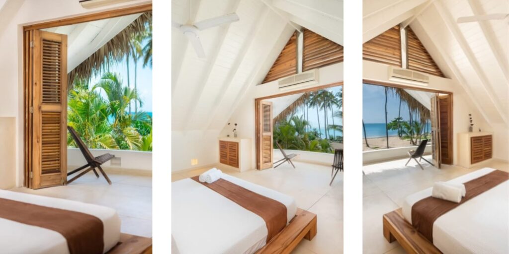 Side by side photos of rooms with white walls, white beds, vaulted ceilings with warm brown paneling, and a view of palm trees and ocean outsite.