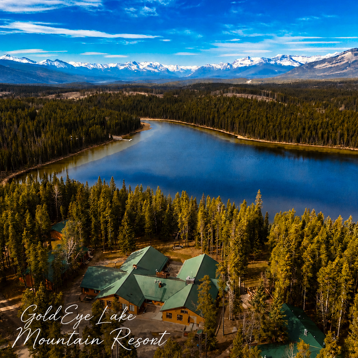 A calm blue lake amid pine tree forests. In the image foreground, a green-roofed lodge sits among the trees. The sky is blue with wisps of white clouds and snow-capped mountains stand tall in the background.