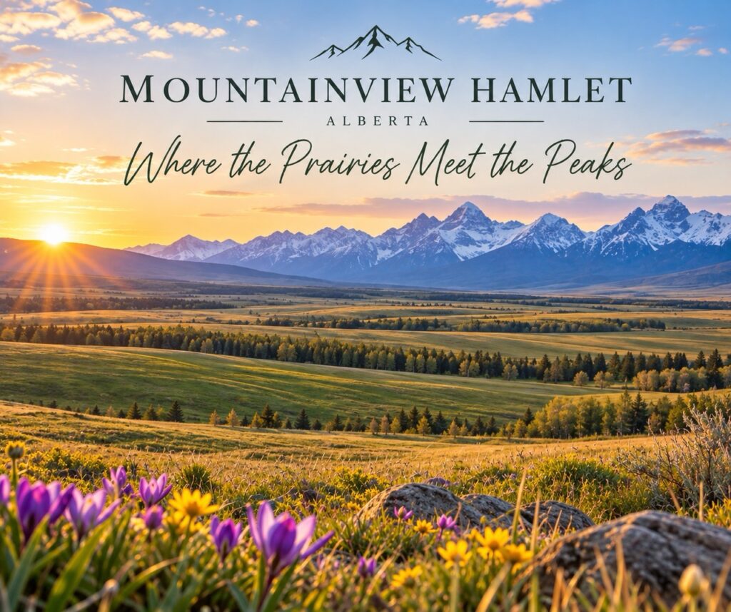 Wide scenic view of rolling Alberta prairie fields and wildflowers with the snow-capped Rocky Mountains in the distance at sunset. Text reads 'Mountainview Hamlet, Alberta' and 'Where the Prairies Meet the Peaks.'