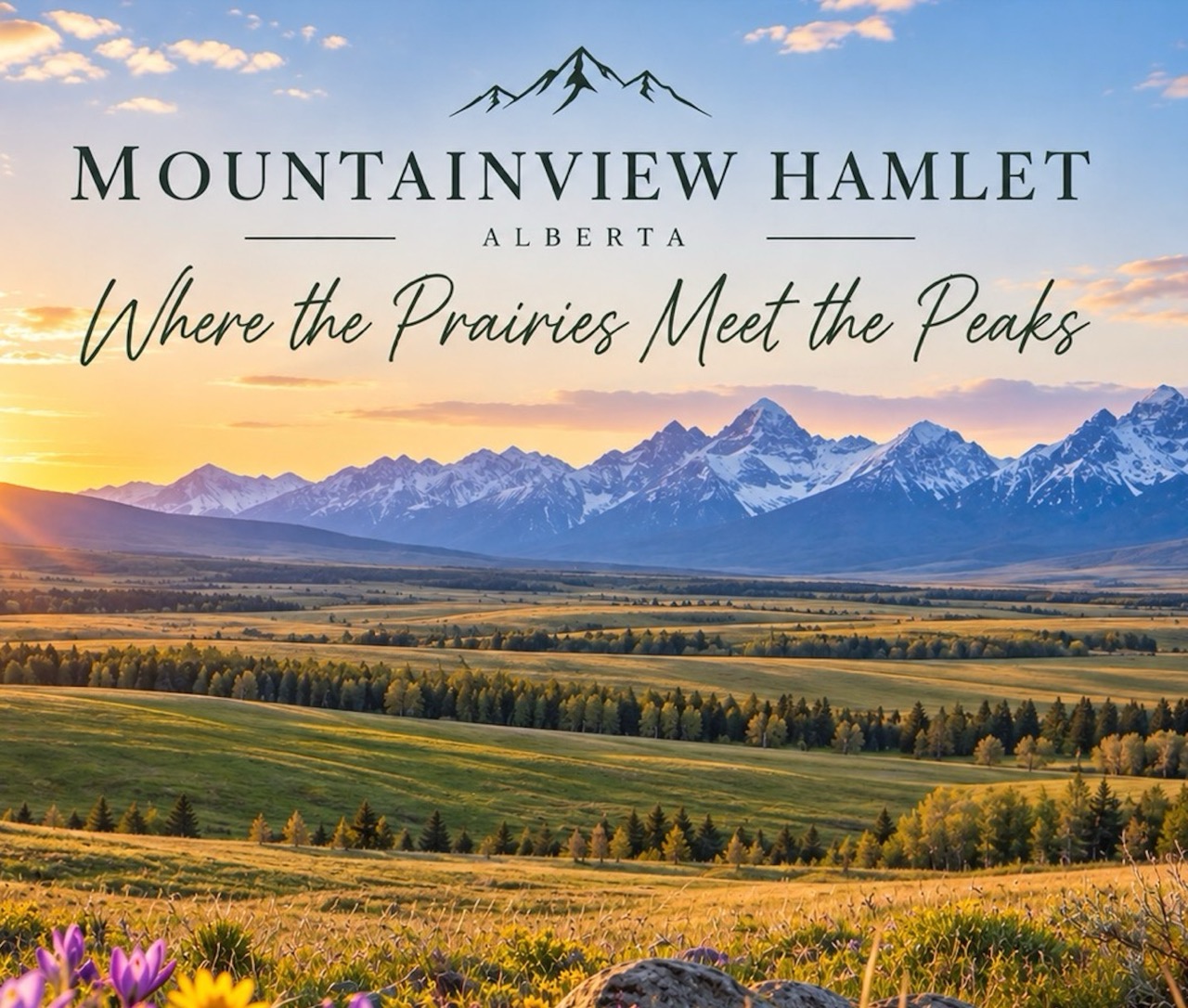 Wide scenic view of rolling Alberta prairie fields and wildflowers with the snow-capped Rocky Mountains in the distance at sunset. Text reads 'Mountainview Hamlet, Alberta' and 'Where the Prairies Meet the Peaks.'