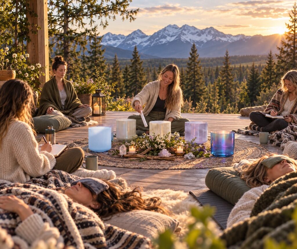 On a wooden platform in an outdoor terrace that overlooks forents and mountains, a woman surrounded by a group of women sitting and laying on pillows and blankets performs a crystal bowl ceremony. In the background the sun sets.